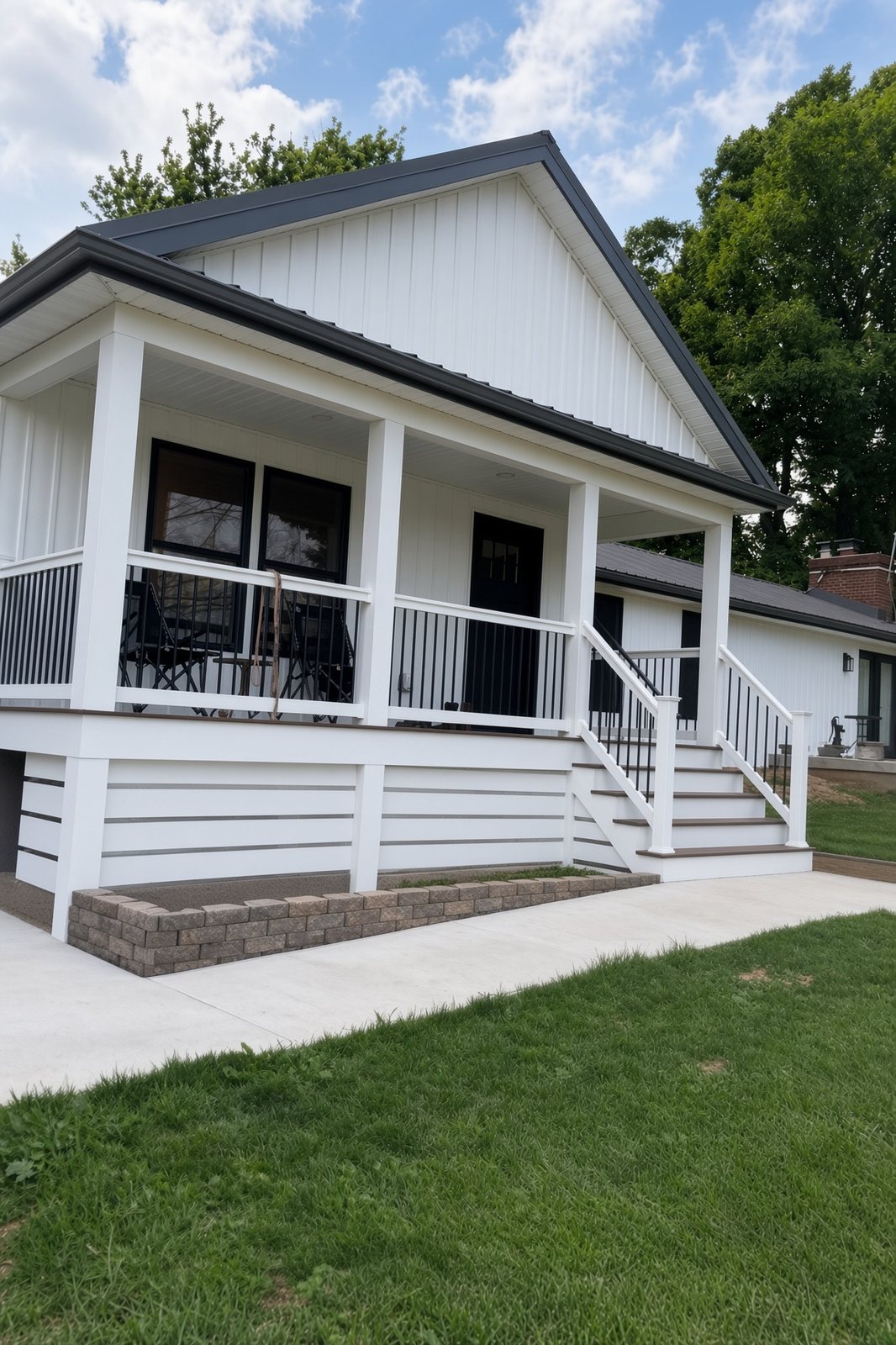 Covered porch with white columns, black railings, and a dark front door
