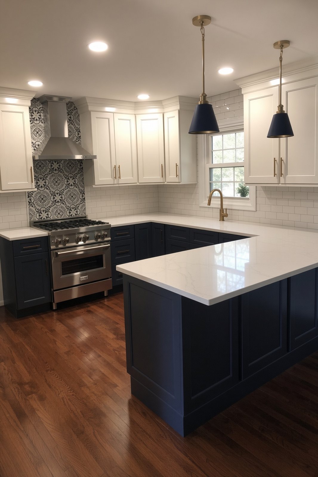 Finished kitchen with navy base cabinets, white uppers, brass fixtures, and a range