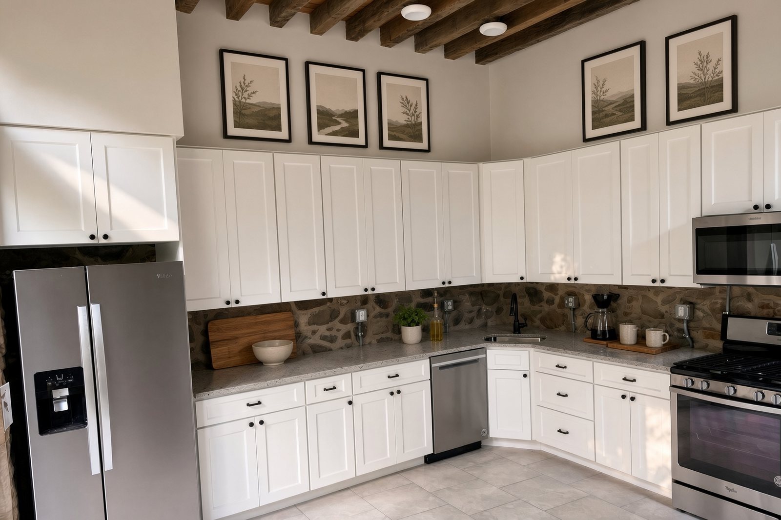 White shaker kitchen with a fieldstone backsplash, granite counters, and exposed beams