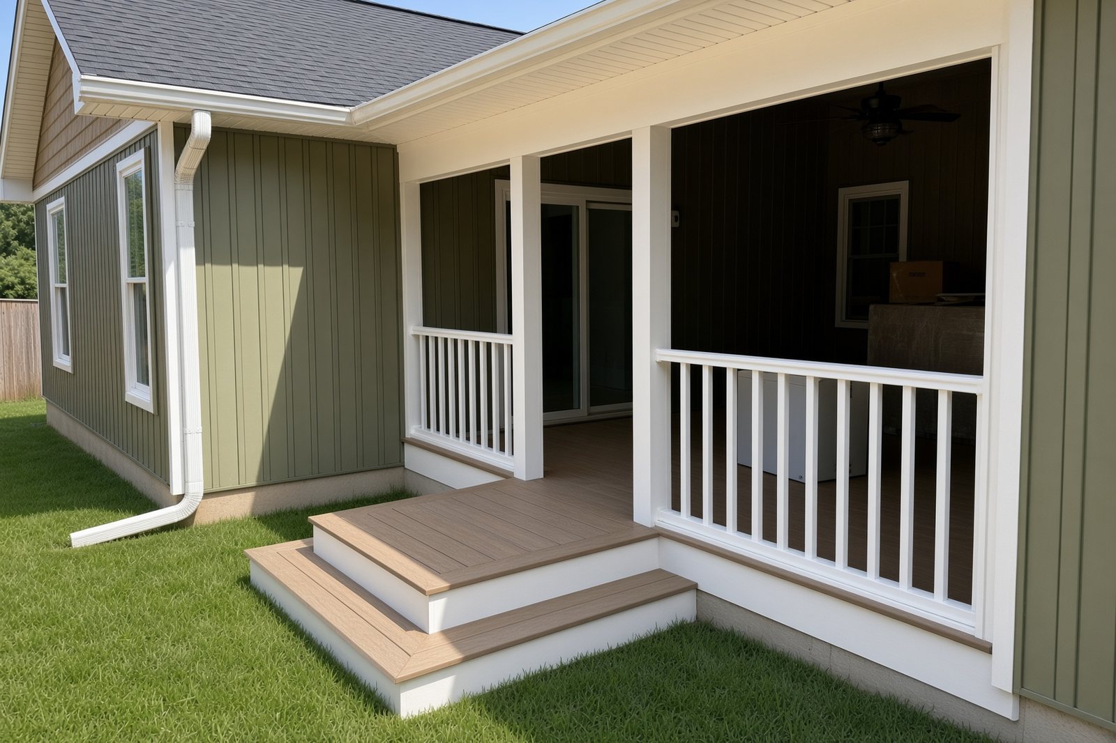 Close view of white porch railings and composite deck stairs