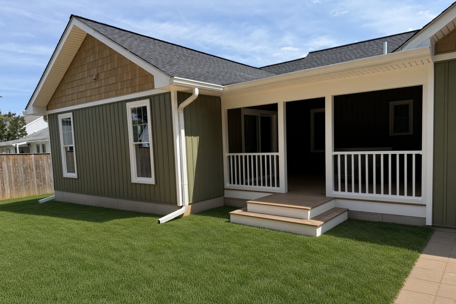 White covered porch with composite stairs on a sage board-and-batten addition