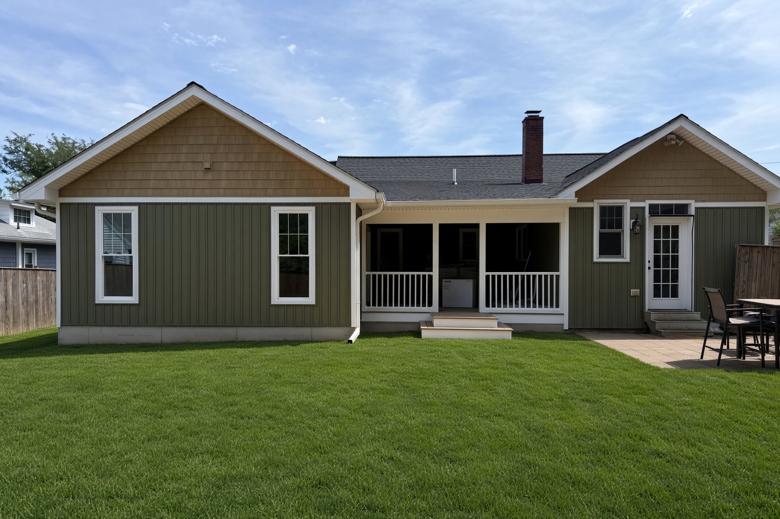 Sage board-and-batten house with cedar gable shingles, a white covered porch, and a new lawn