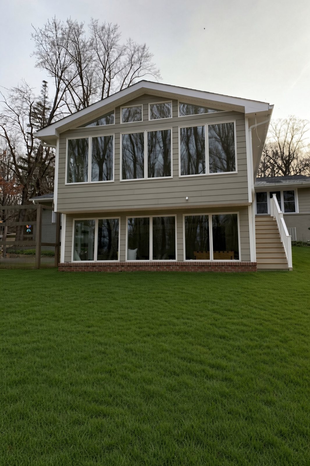 Two-story sunroom addition with a wall of windows, finished siding, and brick base
