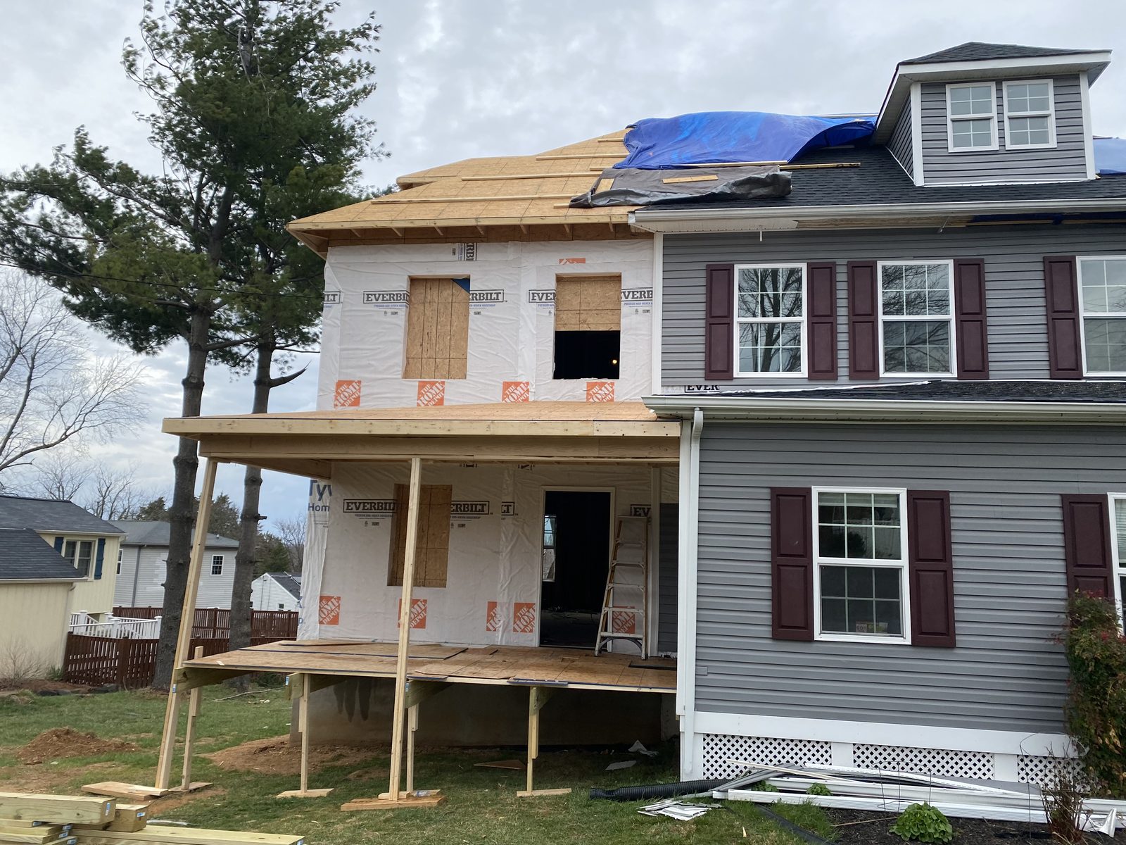 Porch roof framed off the new addition